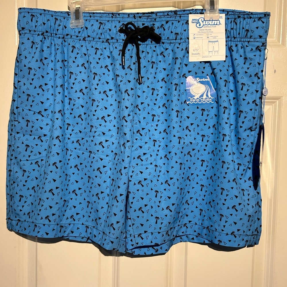 Mr. Swim Men's 2XL/XXL Abstract Palms Bright Blue Lined Swim Trunks 6.75” NWT
